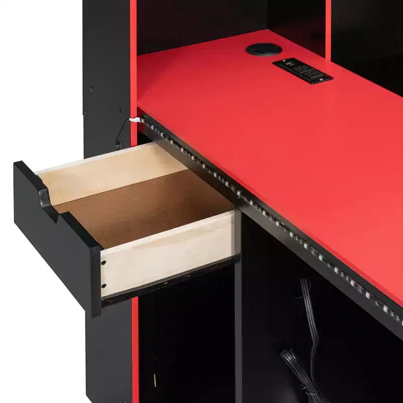 Lit de repos Gamer Hub avec bureau, lumières RGB, station de recharge, tiroirs de rangement et tête de lit bibliothèque