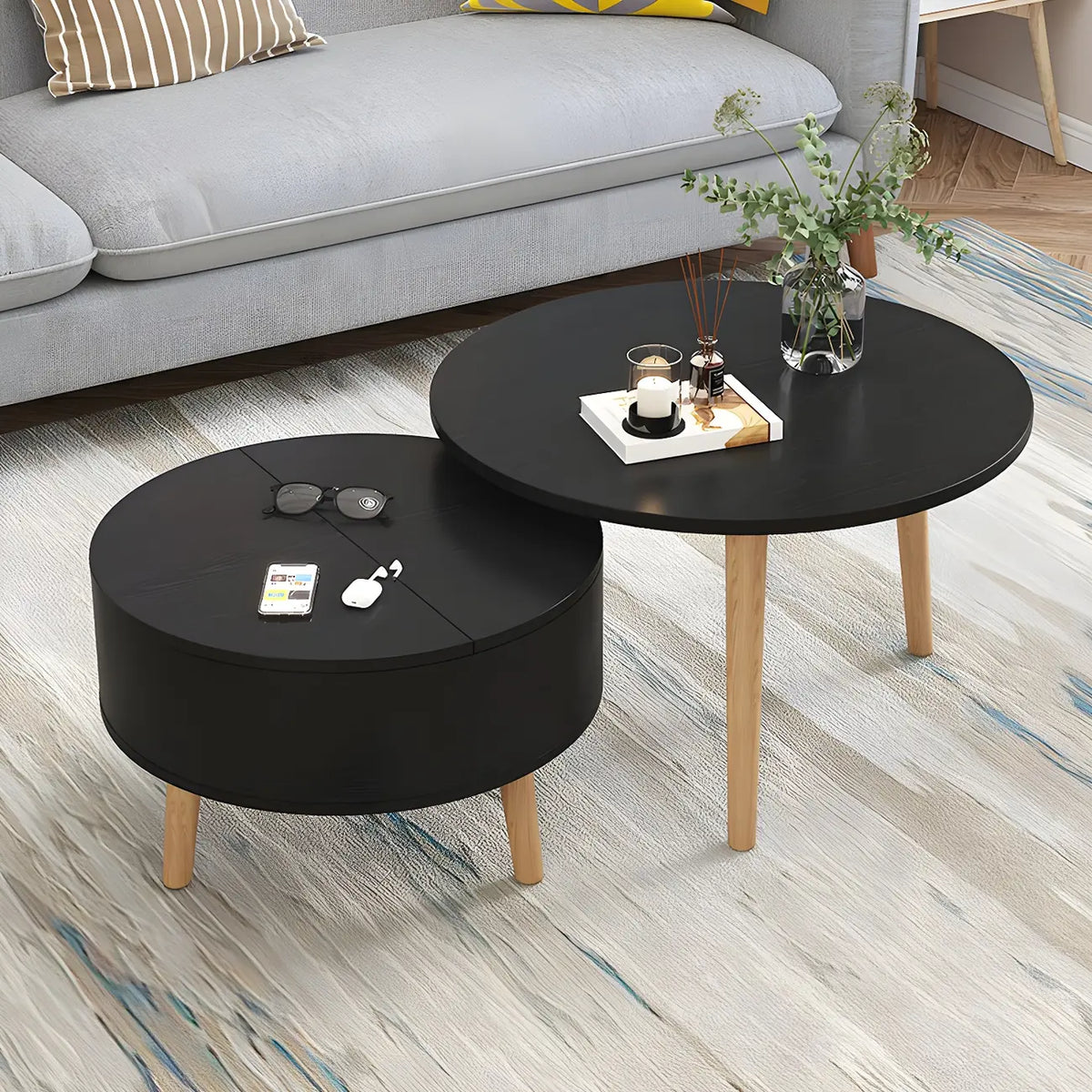 Table basse ronde moderne en bois noir et blanc avec rangement