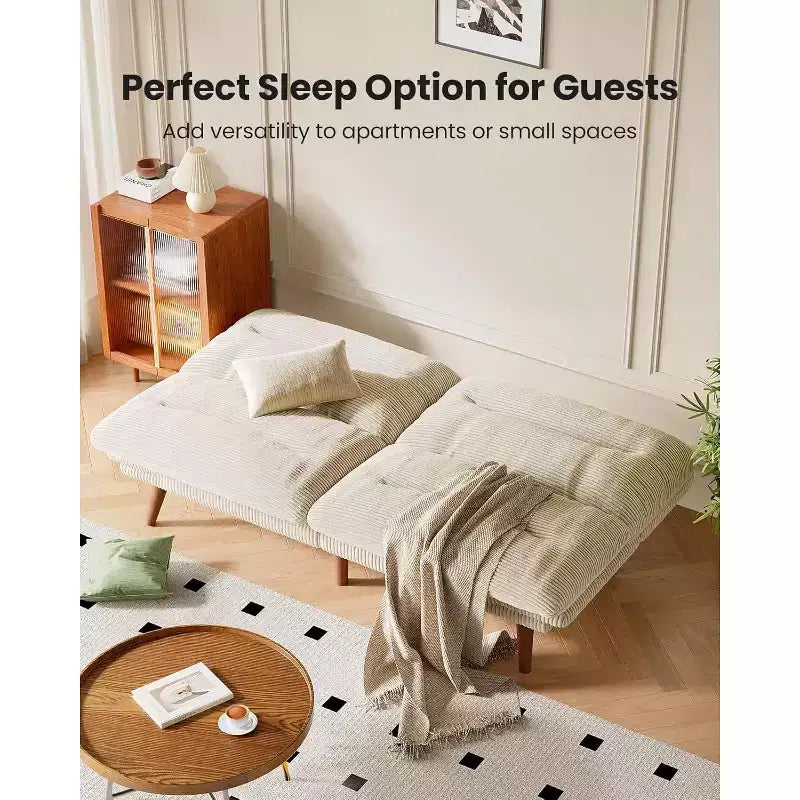 Canapé-lit 168 cm en velours côtelé, avec dossier et accoudoirs réglables, idéal pour les petits espaces, les salons ou les bureaux comme futon.