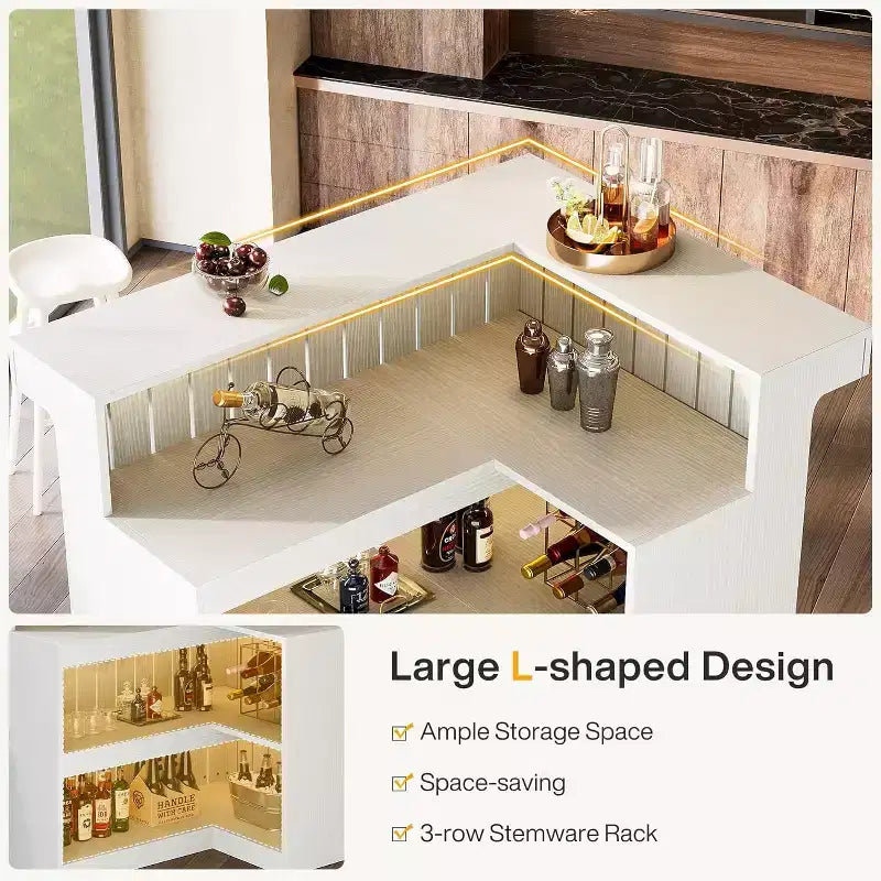 Bar de salon en L Lantine, bar à liqueurs d'angle à 4 niveaux avec étagères de rangement et porte-verres à vin pour pub à domicile