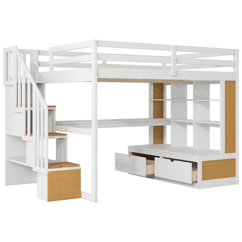 Lit mezzanine en bois massif naturel et blanc avec bureau et tiroirs