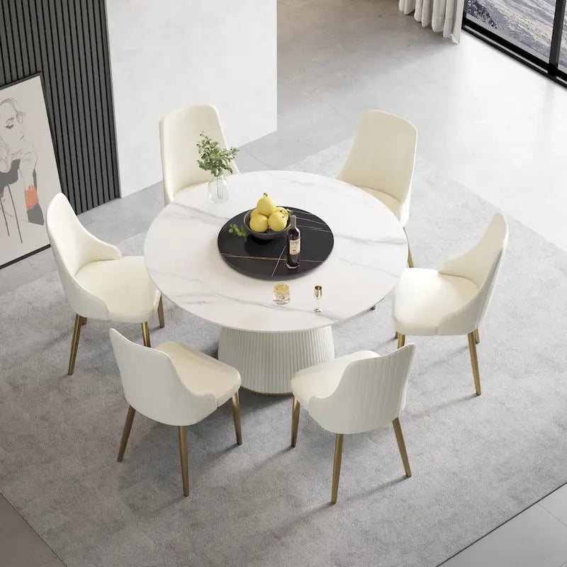 Table à manger ronde de 53 po pour 6 personnes avec plateau en pierre frittée et plateau tournant