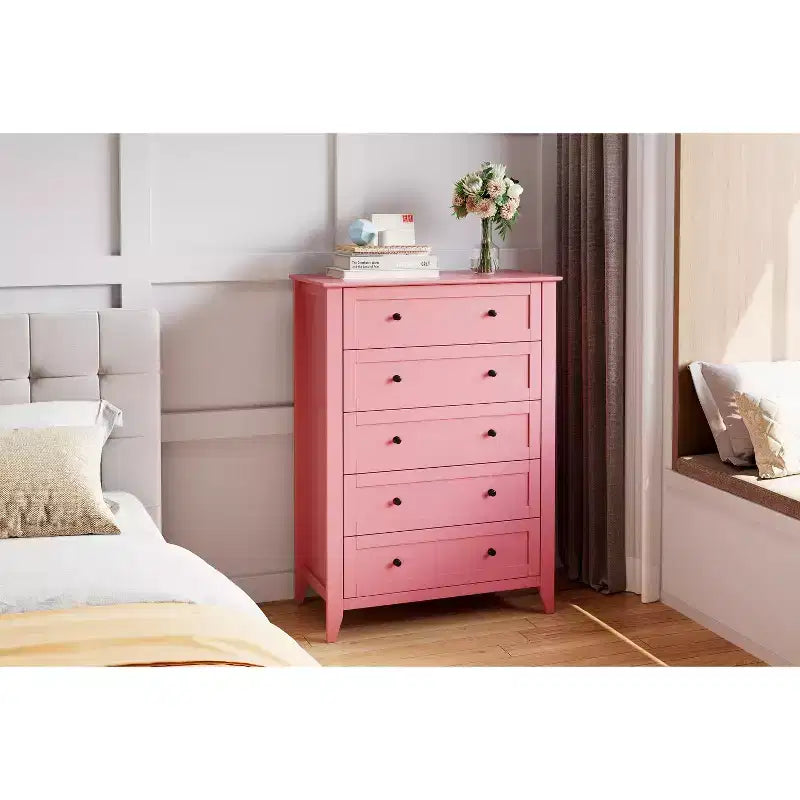 Commode à 5 tiroirs de 108 cm de haut pour chambre à coucher, armoire de rangement en bois avec tiroirs de 30 cm de profondeur et poignées en métal doré, idéale pour l'entrée ou le couloir