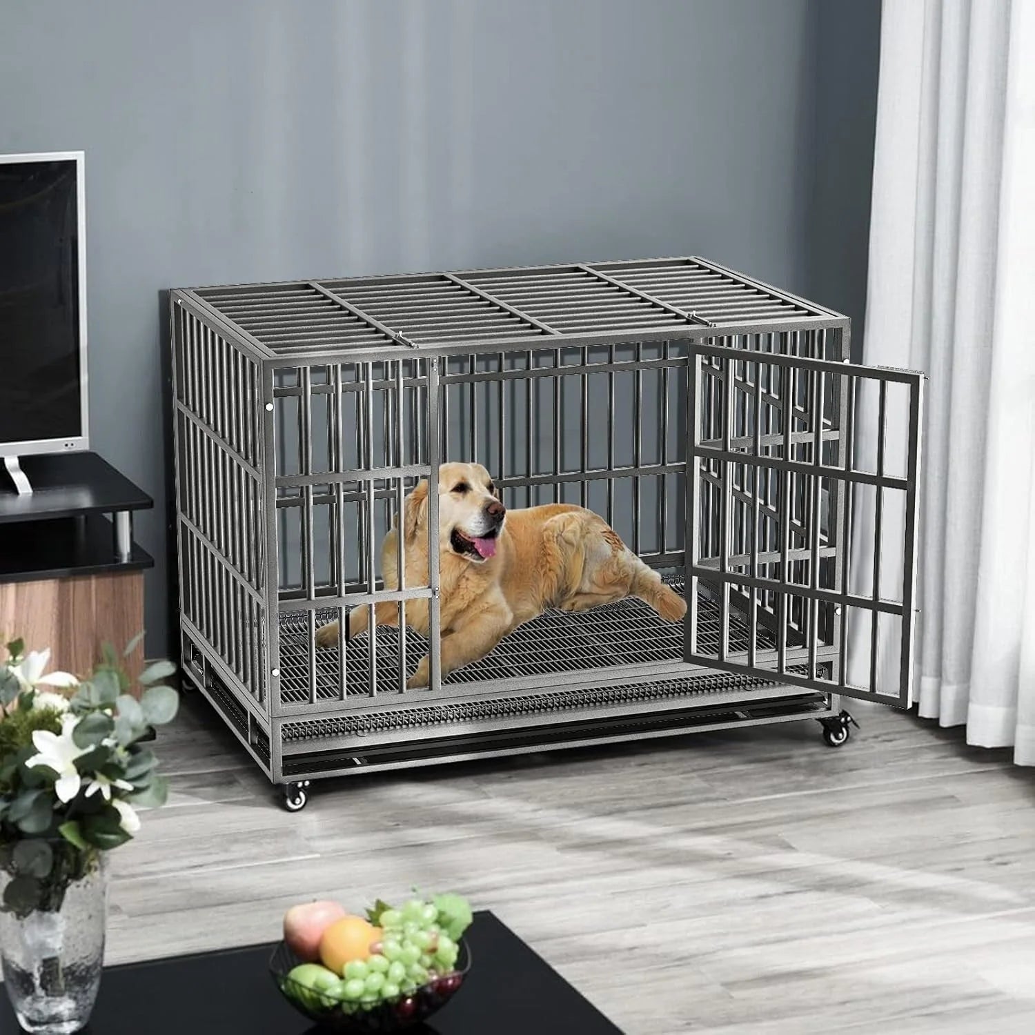 BOSSIN Cage pour Chien Robuste Indestructible 48/38 Pouces, Niche Anti-Évasion avec Roues Verrouillables