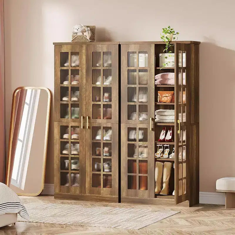 Meuble à chaussures haut Lantine avec portes, rangement à chaussures à 8 niveaux avec étagères réglables, armoire à chaussures moderne pour couloir, placard, salon, blanc