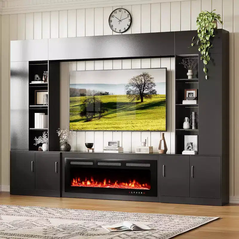 Meuble TV mural EROMMY 112L avec cheminée et lumières LED