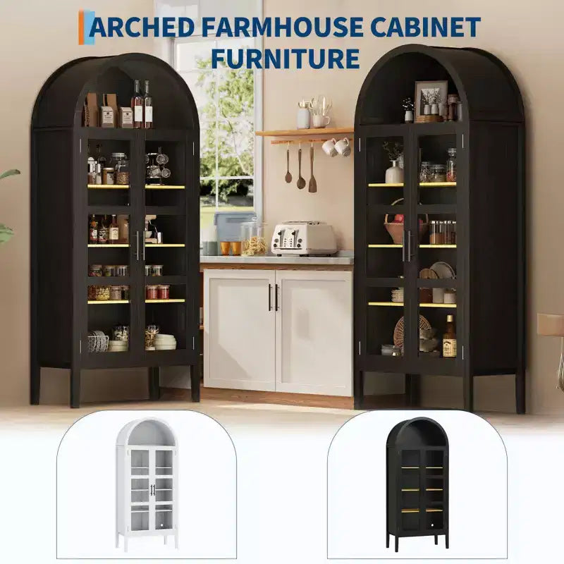 Meuble de rangement, Noir/Blanc, Style Arqué, Simple, 71 po de hauteur avec lumières DEL et portes vitrées