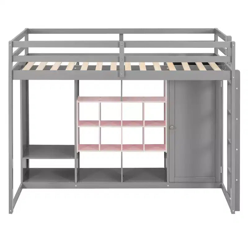 Lit mezzanine enfant avec armoire et étagères, Cadre de lit mezzanine en bois avec meuble de rangement pour enfants et adolescents