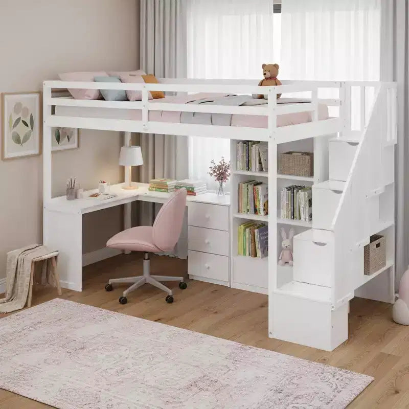 Lit mezzanine une place avec bureau en L, 3 tiroirs, placard, rangements intégrés dans l'escalier, en pin massif/MDF