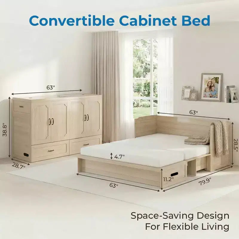 Lit armoire escamotable convertible Mjkone Queen Size avec chargement USB, tiroirs de rangement, matelas non inclus