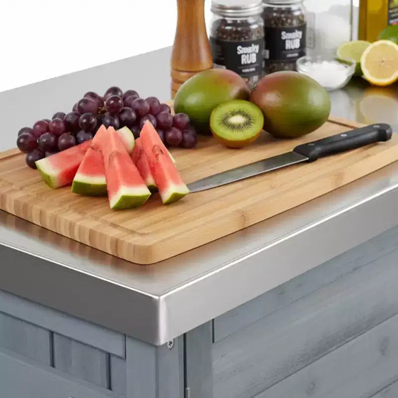 Îlot de cuisine d'extérieur FAMYYT de 198,9 cm avec comptoir en acier inoxydable, station de barbecue pliable et armoires de rangement, Bleu Gris
