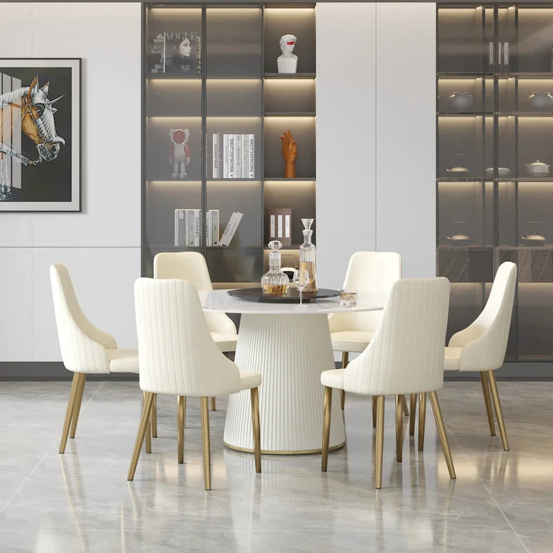 Table à manger ronde de 53 po pour 6 personnes avec plateau en pierre frittée et plateau tournant