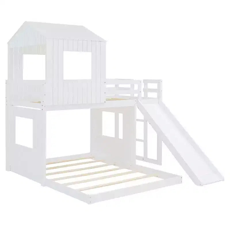 Lit superposé en bois Luxystar avec maisonnette, toboggan et barrières de sécurité, double sur grand lit
