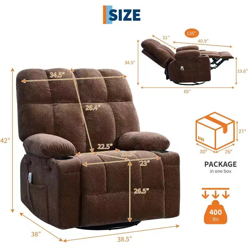 Fauteuil inclinable surdimensionné pour adultes, canapé berçant pivotant manuel, poches latérales et porte-gobelets pour personnes fortes et de grande taille, salon
