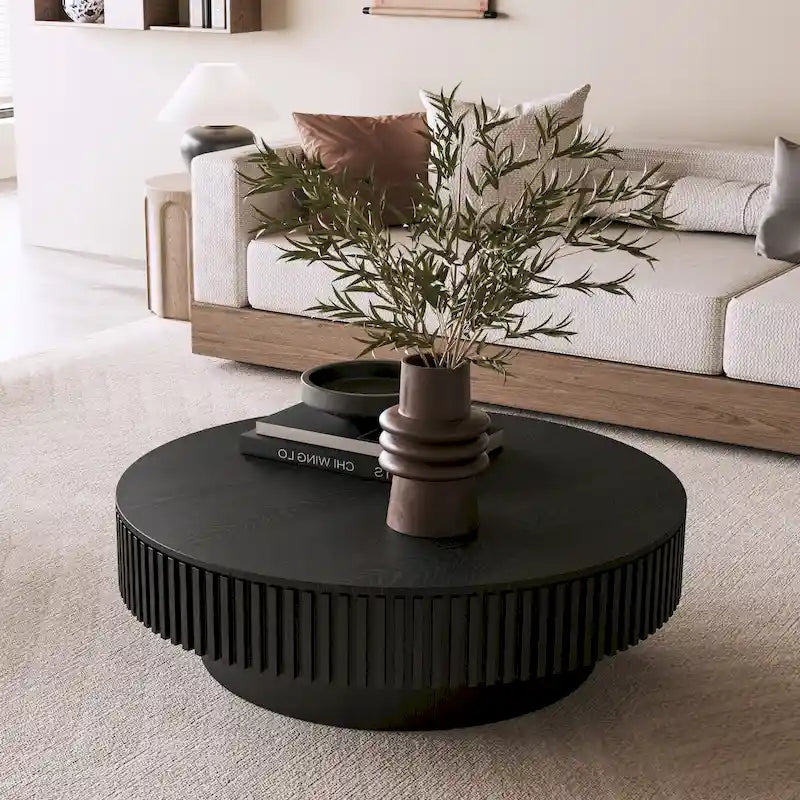 Table basse/de salon ronde moderne plaquée en bois massif avec rangement