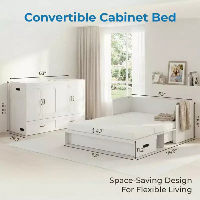 Lit escamotable convertible Queen Size Mjkone avec matelas, chargement USB, tiroirs de rangement