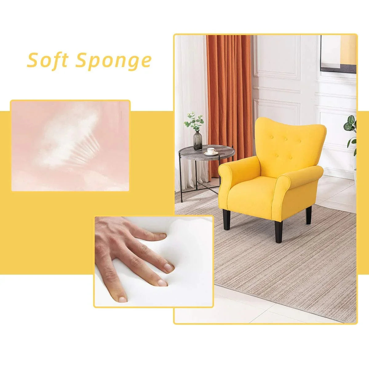 Fauteuil d'appoint moderne Erommy, fauteuil à dossier haut, canapé simple en tissu rembourré avec boutons et pieds en bois pour salon