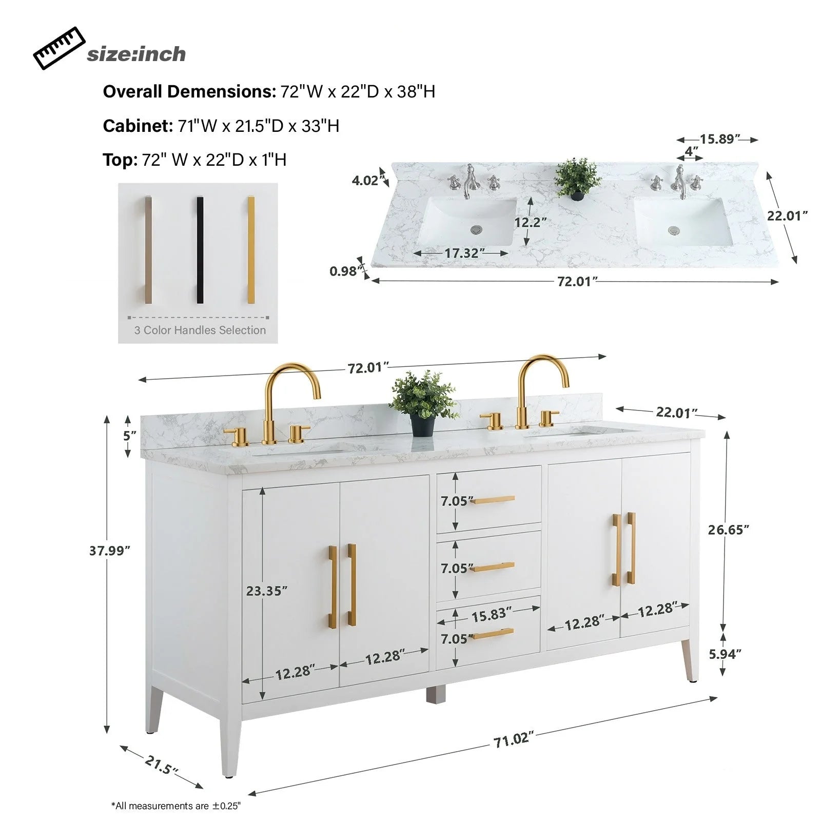 Meuble-lavabo de salle de bain Vanity Art 72 po à double vasque avec dessus en marbre reconstitué