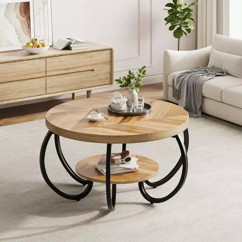 Table basse industrielle ronde de 30 pouces à 2 niveaux avec pieds réglables, étagère à grain de bois, motif flamme, assemblage facile, salon