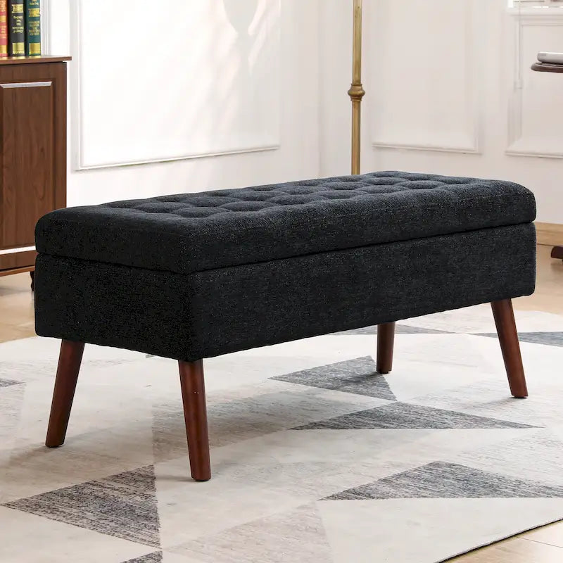 Banc de rangement capitonné en lin avec charnière de sécurité et pieds en bois