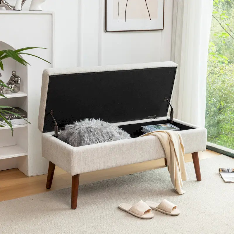 Banc de rangement capitonné en lin avec charnière de sécurité et pieds en bois