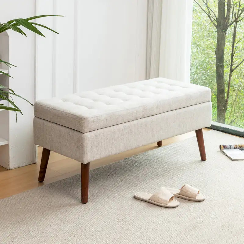 Banc de rangement capitonné en lin avec charnière de sécurité et pieds en bois