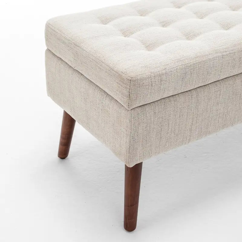 Banc de rangement capitonné en lin avec charnière de sécurité et pieds en bois