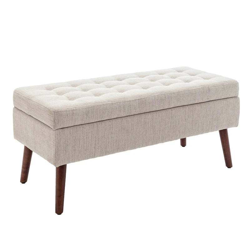 Banc de rangement capitonné en lin avec charnière de sécurité et pieds en bois