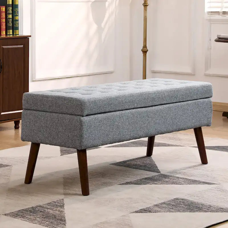 Banc de rangement capitonné en lin avec charnière de sécurité et pieds en bois