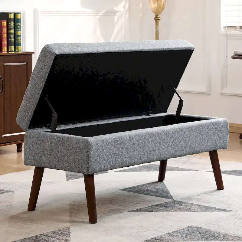 Banc de rangement capitonné en lin avec charnière de sécurité et pieds en bois