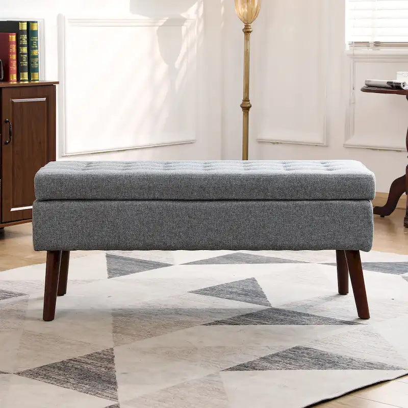 Banc de rangement capitonné en lin avec charnière de sécurité et pieds en bois