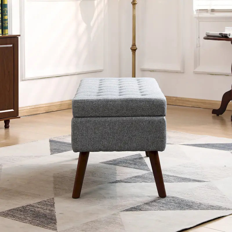 Banc de rangement capitonné en lin avec charnière de sécurité et pieds en bois
