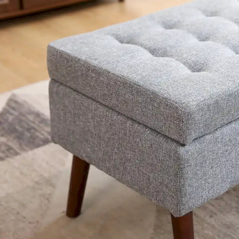 Banc de rangement capitonné en lin avec charnière de sécurité et pieds en bois