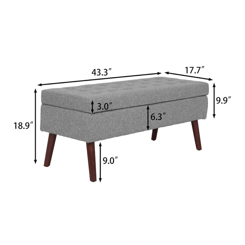 Banc de rangement capitonné en lin avec charnière de sécurité et pieds en bois