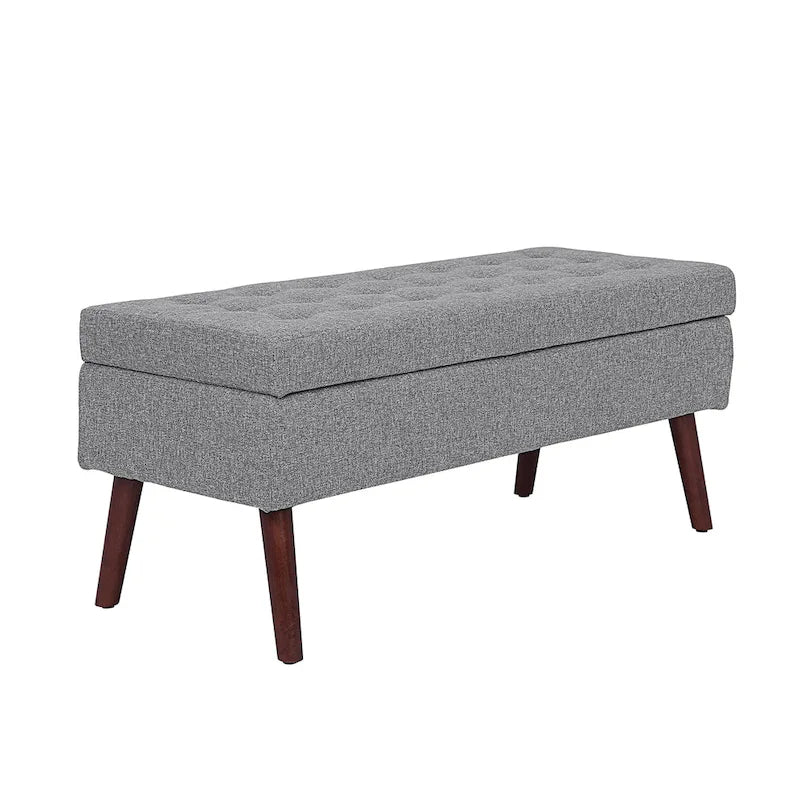 Banc de rangement capitonné en lin avec charnière de sécurité et pieds en bois