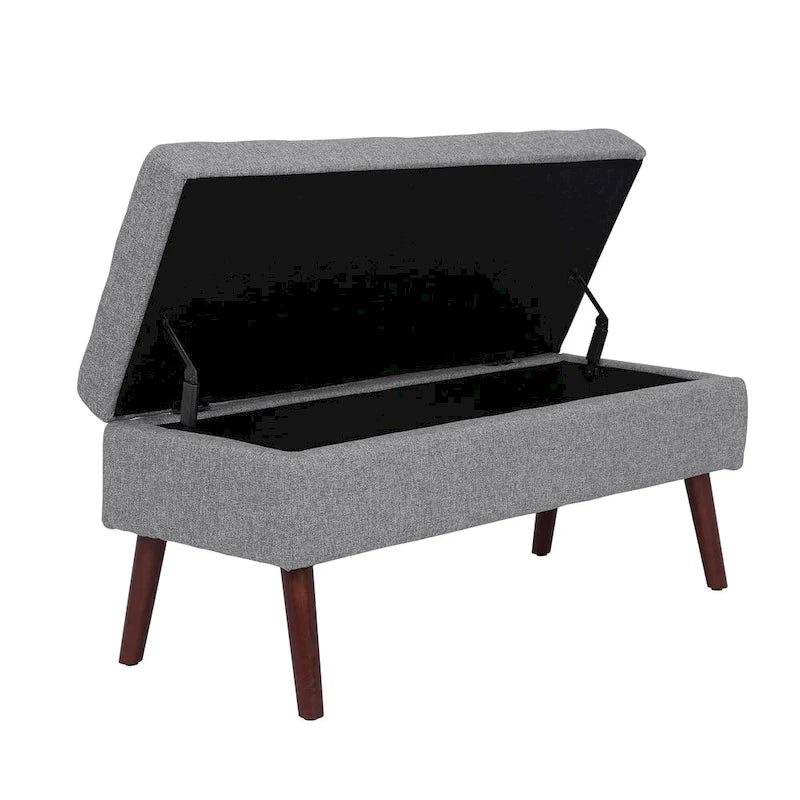 Banc de rangement capitonné en lin avec charnière de sécurité et pieds en bois