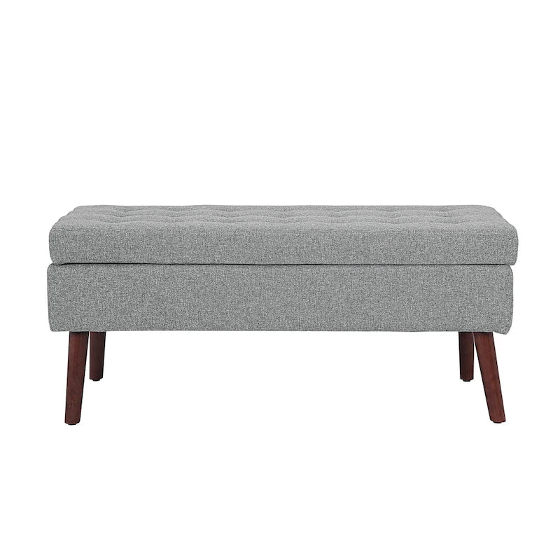 Banc de rangement capitonné en lin avec charnière de sécurité et pieds en bois