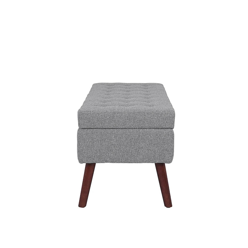 Banc de rangement capitonné en lin avec charnière de sécurité et pieds en bois