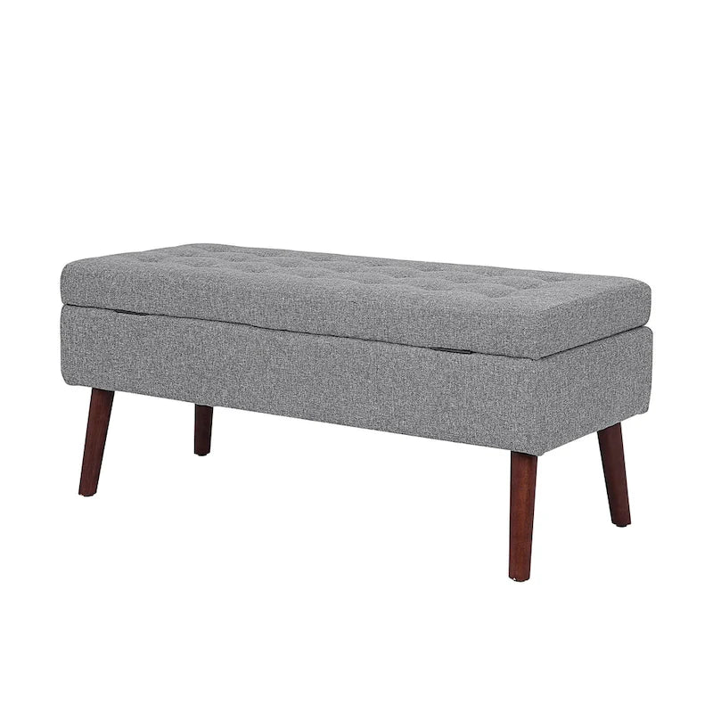 Banc de rangement capitonné en lin avec charnière de sécurité et pieds en bois