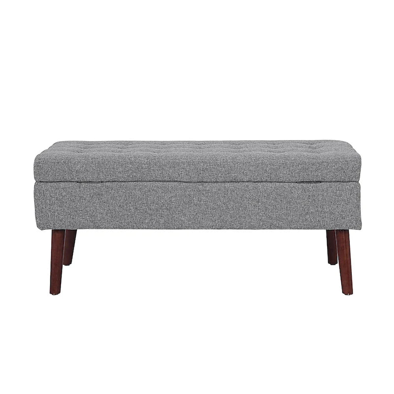 Banc de rangement capitonné en lin avec charnière de sécurité et pieds en bois