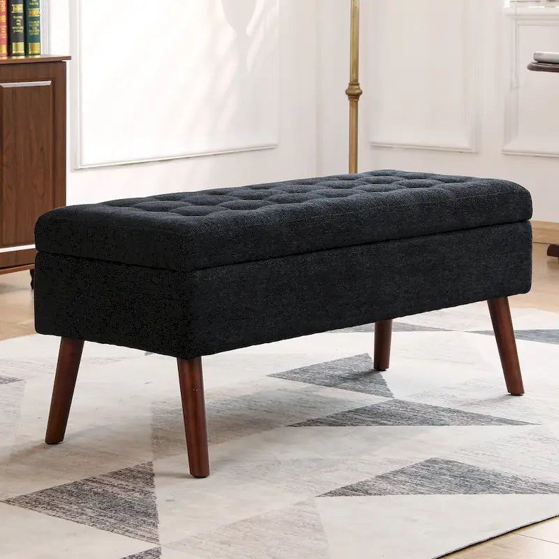 Banc de rangement capitonné en lin avec charnière de sécurité et pieds en bois