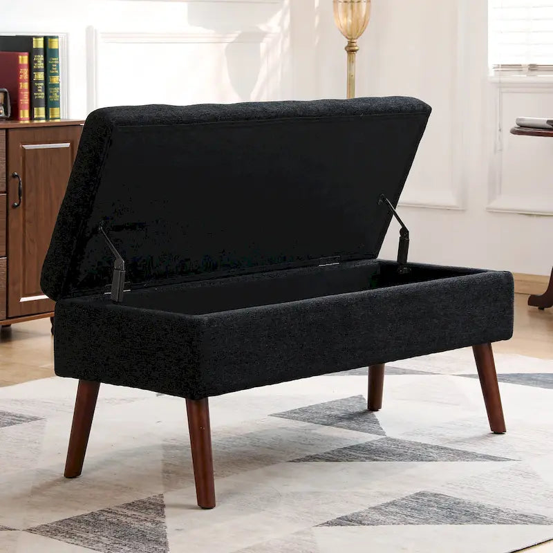 Banc de rangement capitonné en lin avec charnière de sécurité et pieds en bois