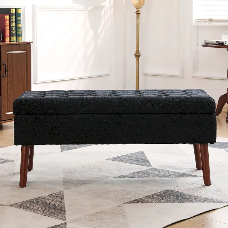 Banc de rangement capitonné en lin avec charnière de sécurité et pieds en bois
