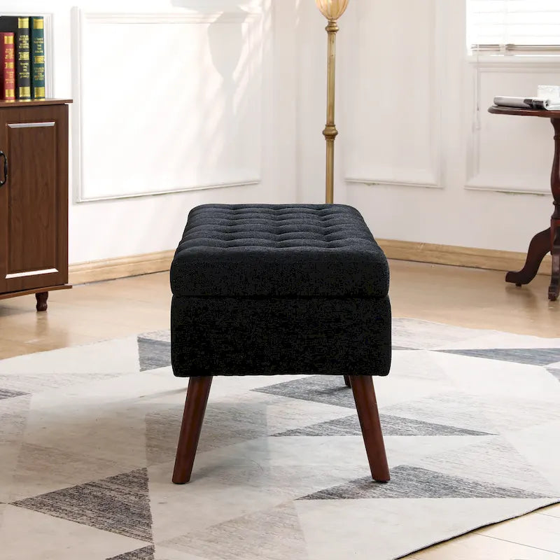 Banc de rangement capitonné en lin avec charnière de sécurité et pieds en bois