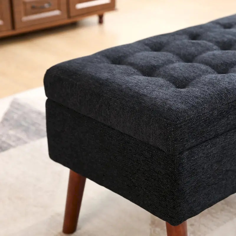 Banc de rangement capitonné en lin avec charnière de sécurité et pieds en bois