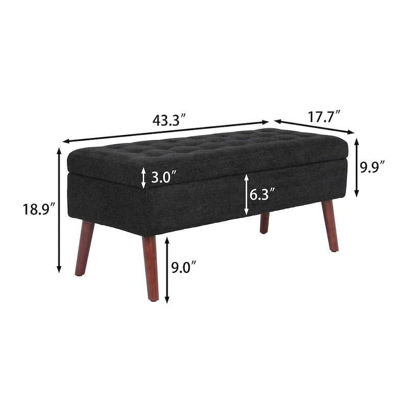 Banc de rangement capitonné en lin avec charnière de sécurité et pieds en bois