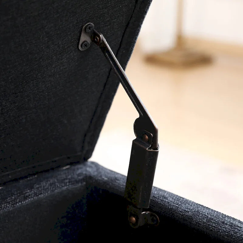 Banc de rangement capitonné en lin avec charnière de sécurité et pieds en bois