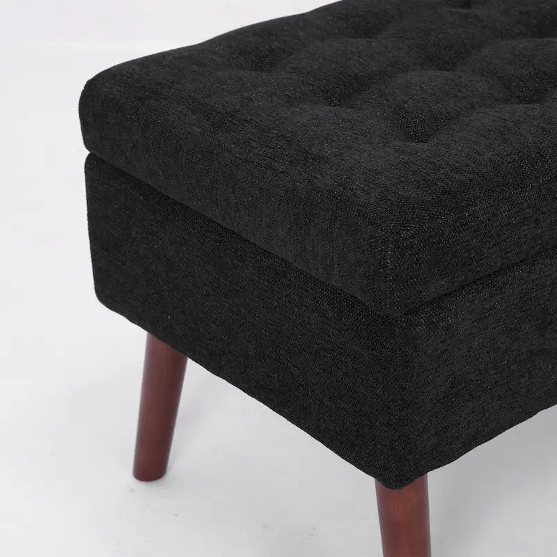 Banc de rangement capitonné en lin avec charnière de sécurité et pieds en bois
