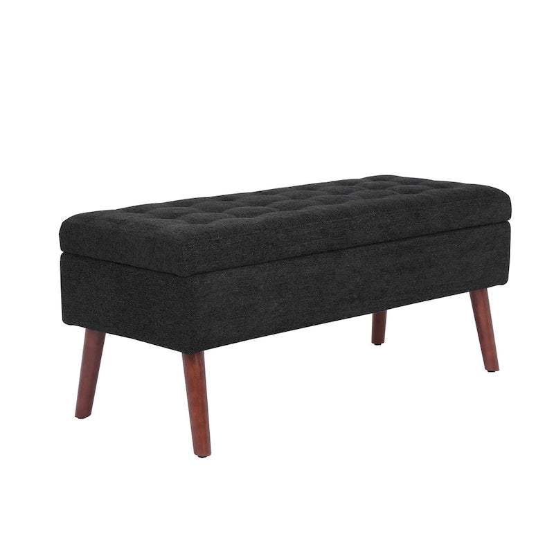 Banc de rangement capitonné en lin avec charnière de sécurité et pieds en bois