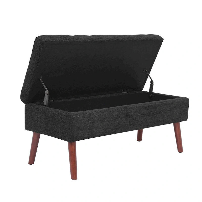 Banc de rangement capitonné en lin avec charnière de sécurité et pieds en bois